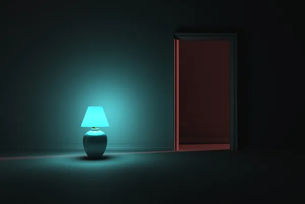 Turquoise Lamp Lighting a Dark Room — Stock Photo, Image