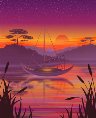 Günbatımı arka planında teknesi ve tropikal ormanda nehri olan bir manzaranın vektör çizimi.