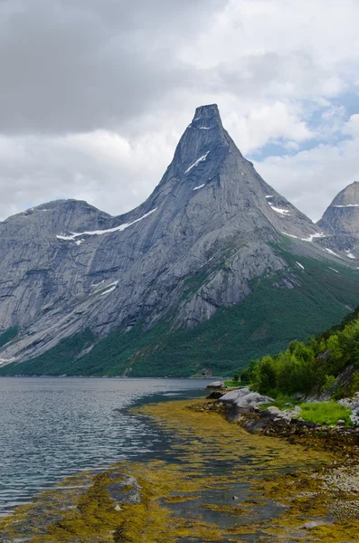 Hoher Gipfel erhebt sich aus dem Fjord — Stockfoto