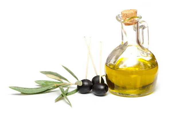 Olive Oil Bottle Olives Olive Twig — Stockfoto