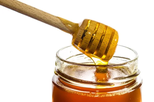 Honey Glass Jar Wooden Honey Dipper — Stock Photo, Image