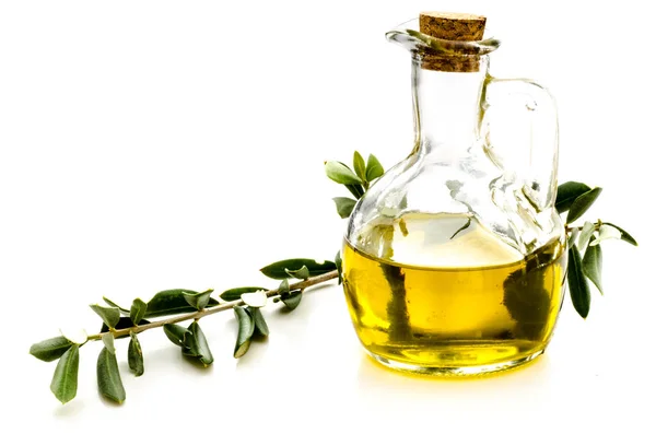 Olive Oil Bottle Twig Olive Tree Isolated White Background — Stok fotoğraf