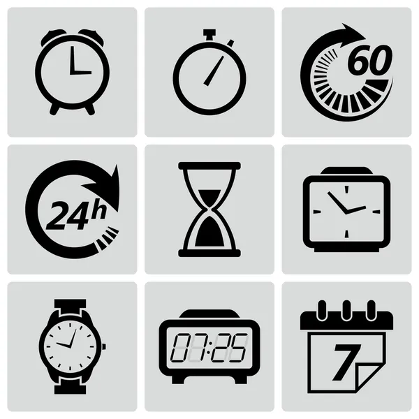 Iconos de reloj y hora. Ilustración vectorial — Vector de stock