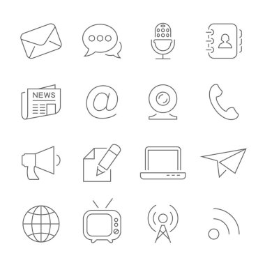 Beyaz üzerine izole edilmiş iletişim ince çizgi simgeleri kümesi