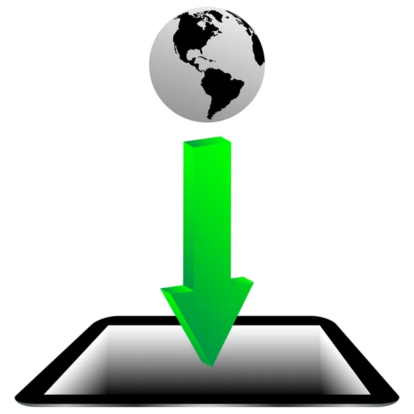 緑の矢印、タブレットおよび惑星の地球の 20.04.13 モデル — ストックベクタ