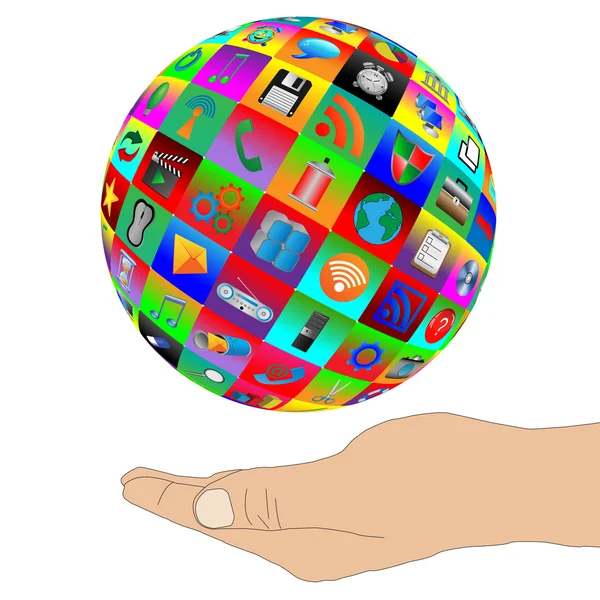 Human hand supporting the sphere consisting of web icons 24.06.1 — Stock Photo, Image