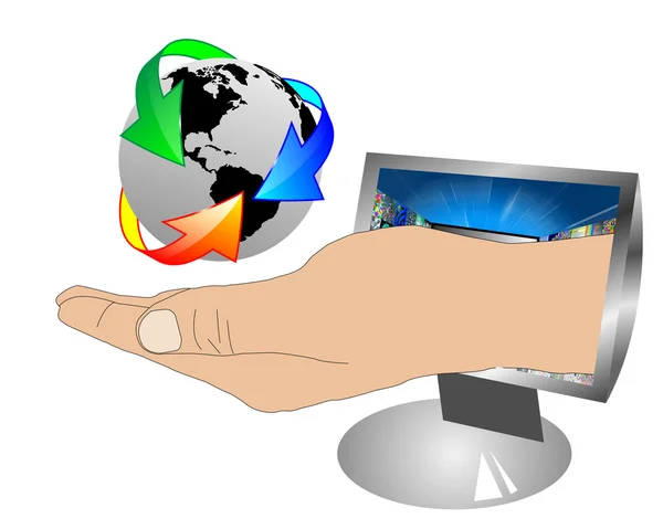 Kéz, a föld és a monitor 24.06.13 — Stock Fotó