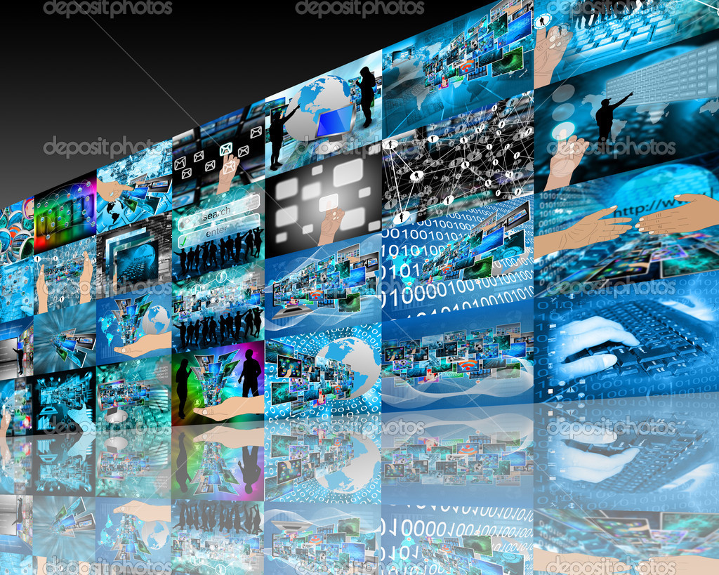 Abstract internet perspective of a plurality of images on the theme of high technolog