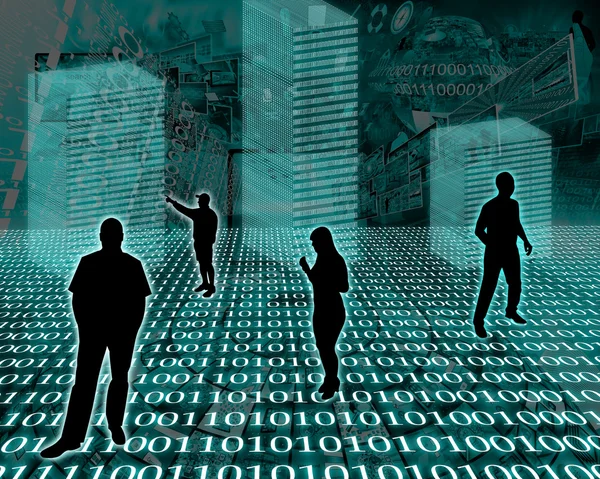 Silhouetten von Männern und Frauen stehen in einem Raum, der von binärem Code umgeben ist. — Stockbild Silhouetten im Raum — Stockfoto