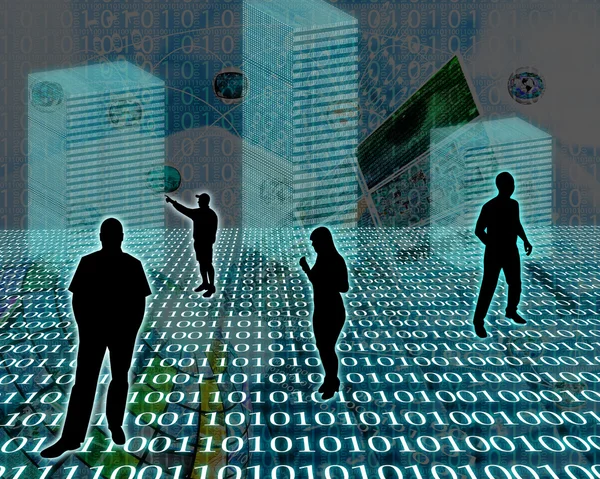 Silhouetten von Männern und Frauen stehen in einem Raum, der von binärem Code umgeben ist. — Stockbild Silhouetten im Raum — Stockfoto