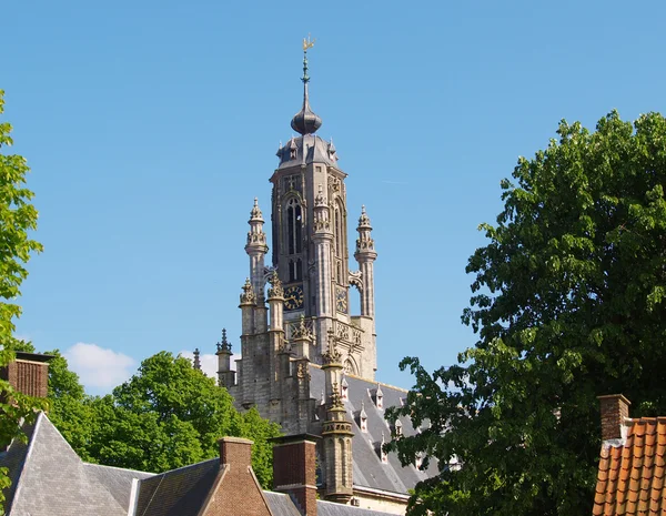 时钟和塔详细拍中世纪的市政厅的屋顶 — 图库照片