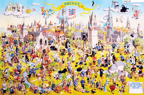 Cartone animato della città di Bruges e dei suoi cittadini Foto Stock Royalty Free