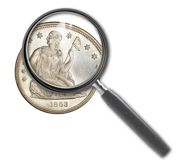 硬币美元和孤立在白色的放大镜 — 图库照片