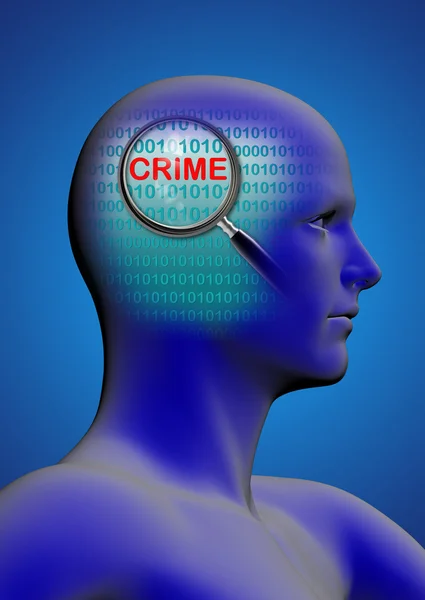 Profile of a man with close up of magnifying glass on crime — Stock Photo, Image