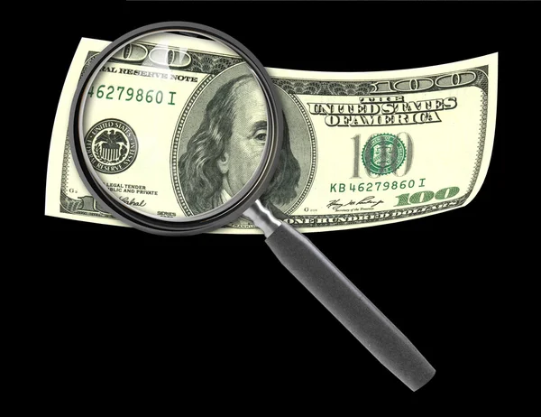 Honderd dollar bill en vergrootglas geïsoleerd op zwart — Stockfoto