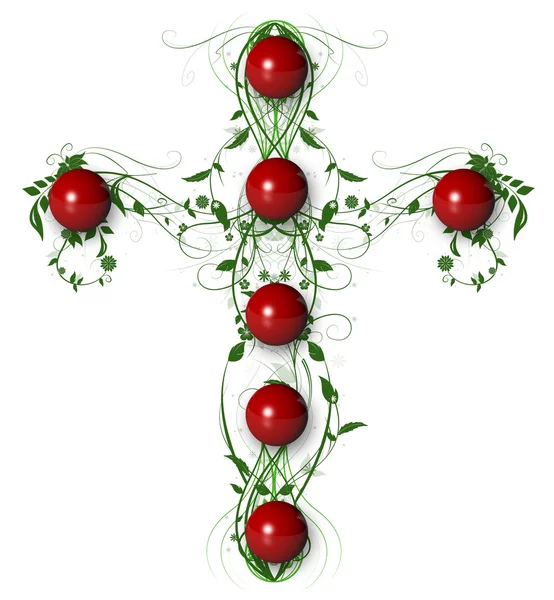 Croce floreale verde con palla rossa su bianco — Foto Stock