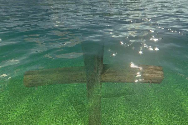 在水之下的木制十字架 — 图库照片