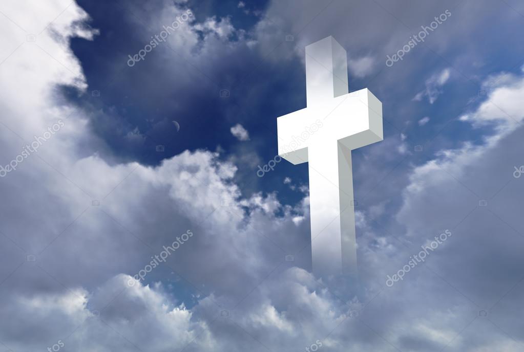 White christian cross on cloudy sky made in 2d software
