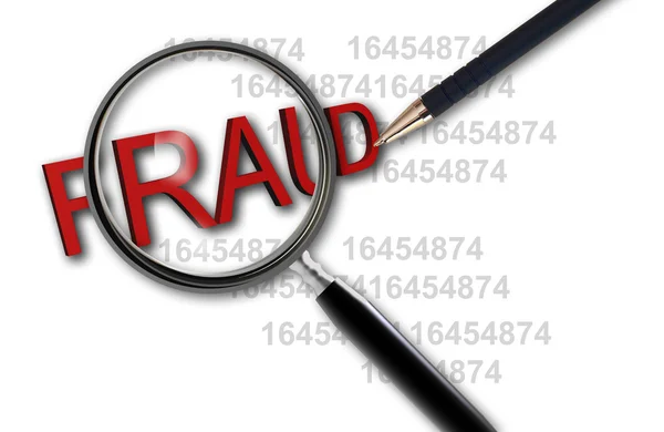 Close up of magnifying glass on fraud — Stock Photo, Image