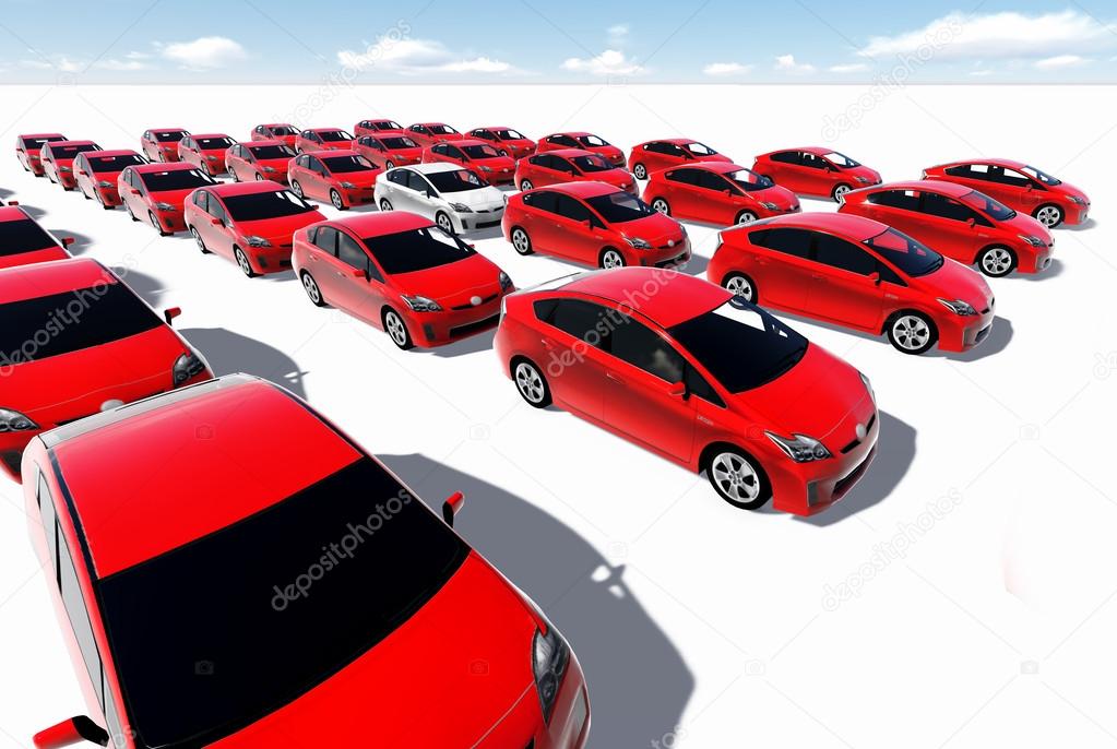 Hundreds of red cars, One white