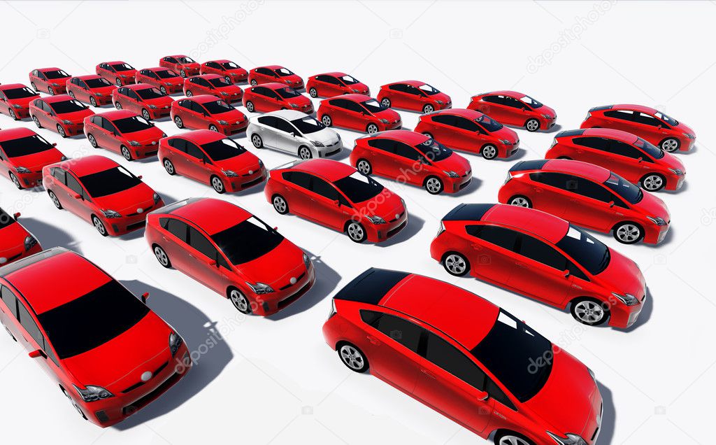 Hundreds of red cars, One white