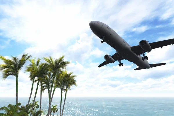 Passagiersvliegtuig passeren over palmbomen — Stockfoto