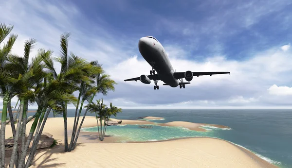 Airliner passing over palm trees — Stock Photo, Image