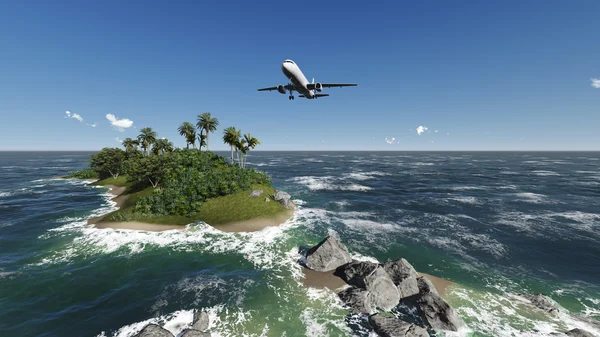 Passagiersvliegtuig passeren over palmbomen — Stockfoto