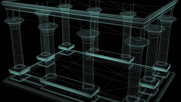 3D插图 在埃及宫填充了黑色背景的钢丝框架柱子 — 图库照片