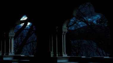 3D illüstrasyon - Dolunay Bulutların Arasında Karanlık Mavi Gece Gökyüzünde