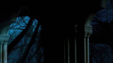 3D illüstrasyon - Dolunay Bulutların Arasında Karanlık Mavi Gece Gökyüzünde