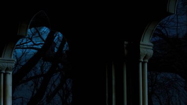 3D illüstrasyon - Dolunay Bulutların Arasında Karanlık Mavi Gece Gökyüzünde