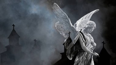 3D illüstrasyon - arka planda kanatlı kadın melek ve eski kilise siluetleri
