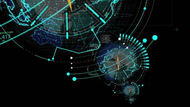 3D illüstrasyon - HUD yakınlaştır. Geleceğin teknolojik arayüzünde uçuyor.