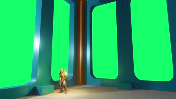 Анимация Зеленом Экране Люди Футуристическом Космическом Коридоре Комната — стоковое видео