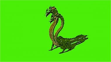 Çizgi roman tarzında 2d animasyon - Hydra mistik su yılanı yeşil ekranda izole edilmiş şekilde kükrer