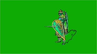 Çizgi roman tarzında 2d animasyon - yeşil ekranda izole edilmiş kılıç ve kalkan ile ortaçağ şövalyesi dövüşü