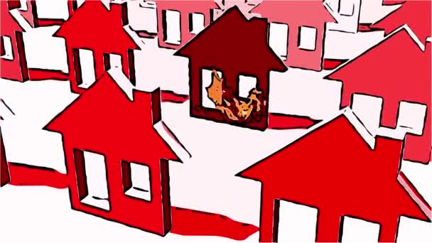 Animazione Stile Fumetto Bruciare Icona Della Casa Fiamme — Video Stock