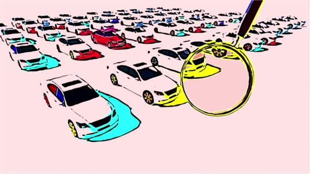 2番目のアニメーション漫画スタイル 虫眼鏡を閉じます 数百台の車のイラスト One Red — ストック動画