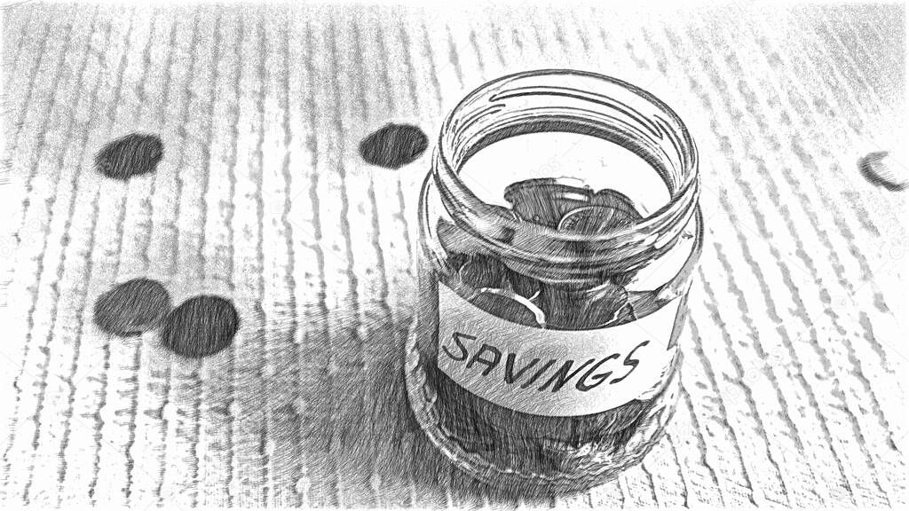 3D illustration - Coins filling in jar labeled for savings