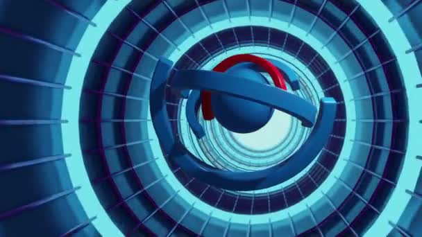 穿越未来派的科幻小说隧道抽象球体和旋转环绕着它 复杂的旋转机构 — 图库视频影像