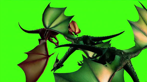 3D插图 在绿色屏幕上分离的苍蝇中的龙 — 图库照片