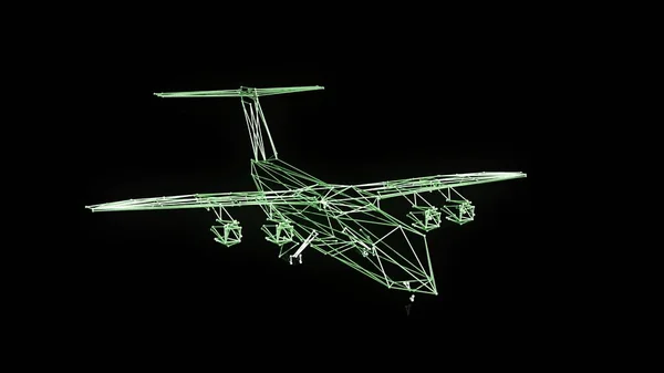 3Dイラスト 黒で隔離された飛行機のワイヤモデル — ストック写真