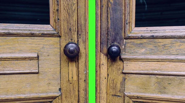 Illustration Wooden Door Opening Green Screen — Stock Photo, Image