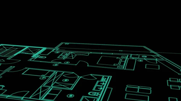 3D图解 抽象建筑背景 建筑蓝图 住宅平面图和钢丝框架模型 — 图库照片