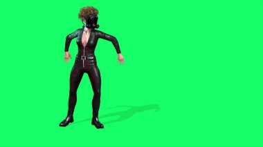 3D illüstrasyon - yeşil sıralı siyah deri kumaşlı karakter