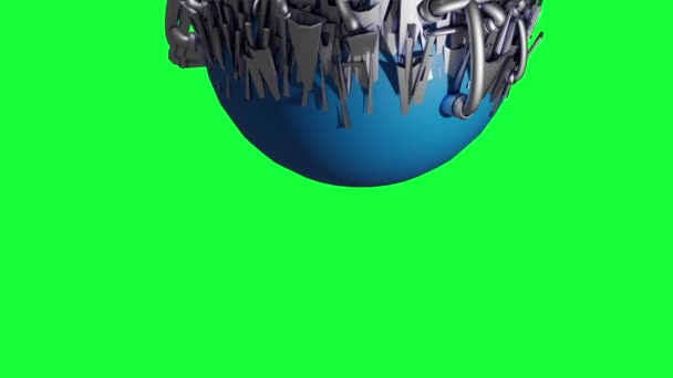 Анимация Фигуры Вращающейся Сферы Серебряными Металлическими Трубами Зеленом Экране — стоковое видео
