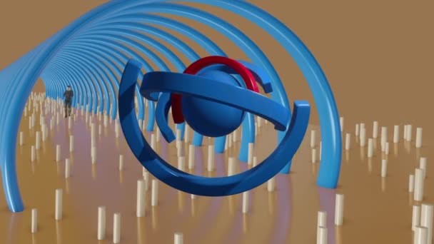アブストラクトな球とその周りの回転リング 概要エイリアンの風景における複雑な回転機構 — ストック動画