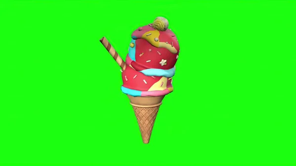 Ilustración Helado Con Cono Gofre Pantalla Verde — Foto de Stock