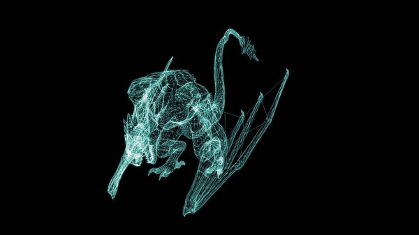 3d illustration - wire frame Dragon Walking on black  Screen